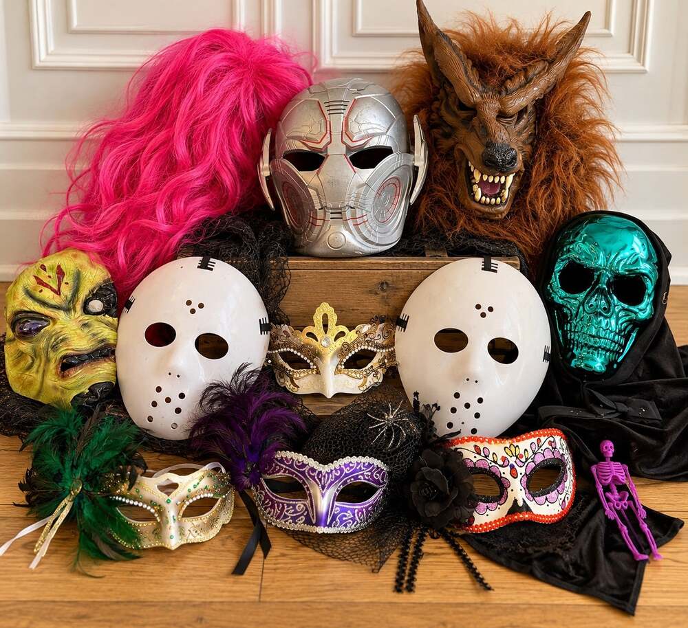 Halloween Masks & Costume Accessories Lot – Photo Booth Props + Pink Wig